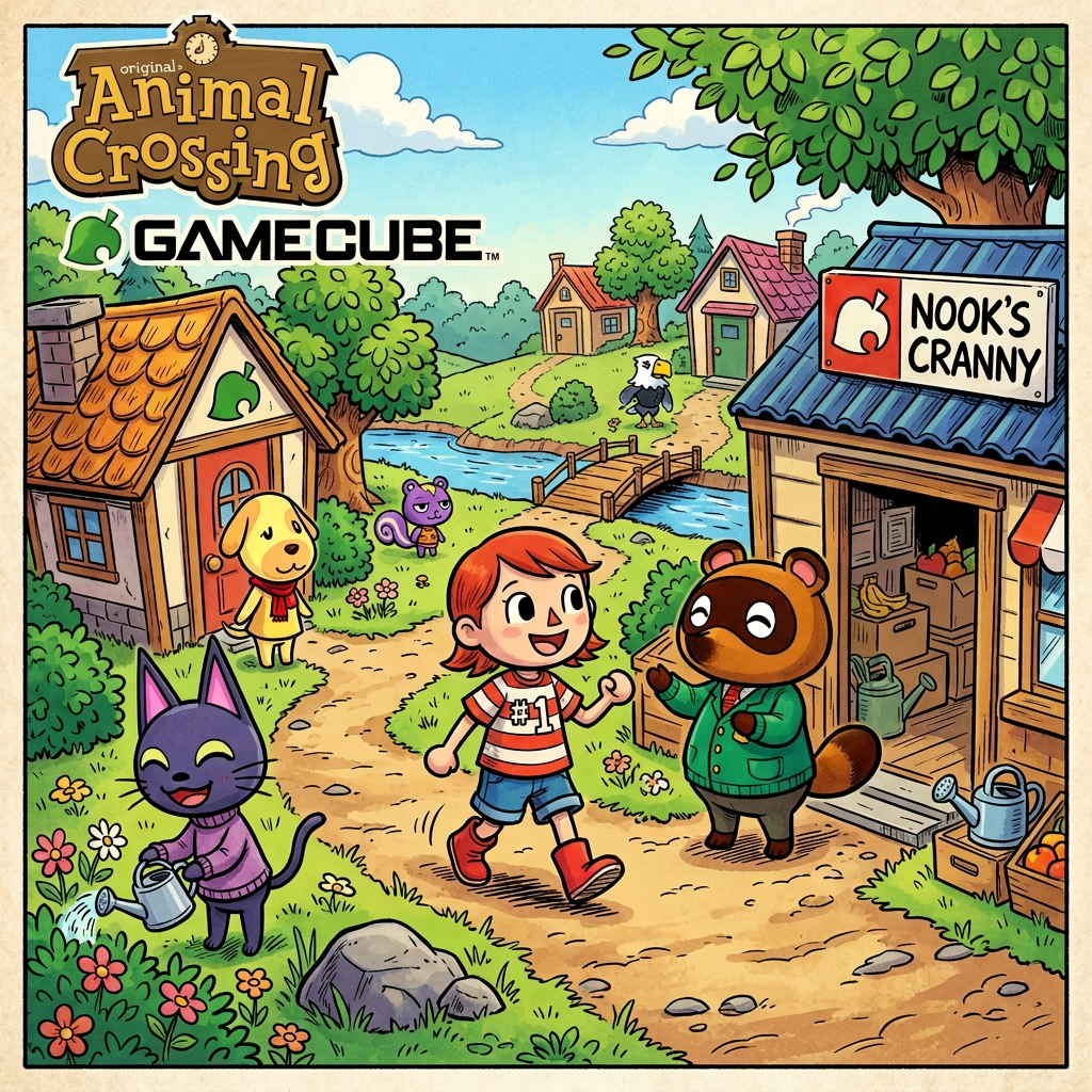Animal Crossing: original GameCube; Nook’s Cranny; “Hi Tom Nook! It’s a lovely day!”; “Aha, yes, Villager! The shop is stocked! Come inside, yes? *bells rattle*”